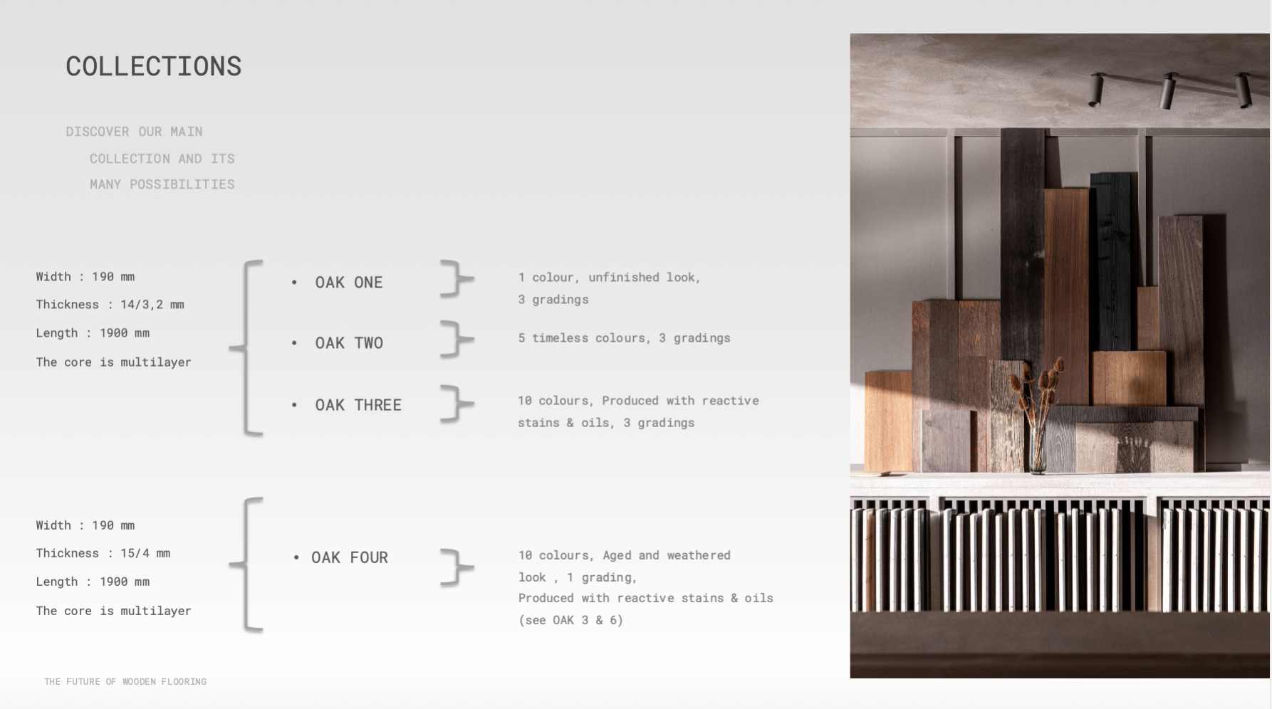 Colección Belgiqa Oak One, Two, Three y Four con especificaciones técnicas y showroom