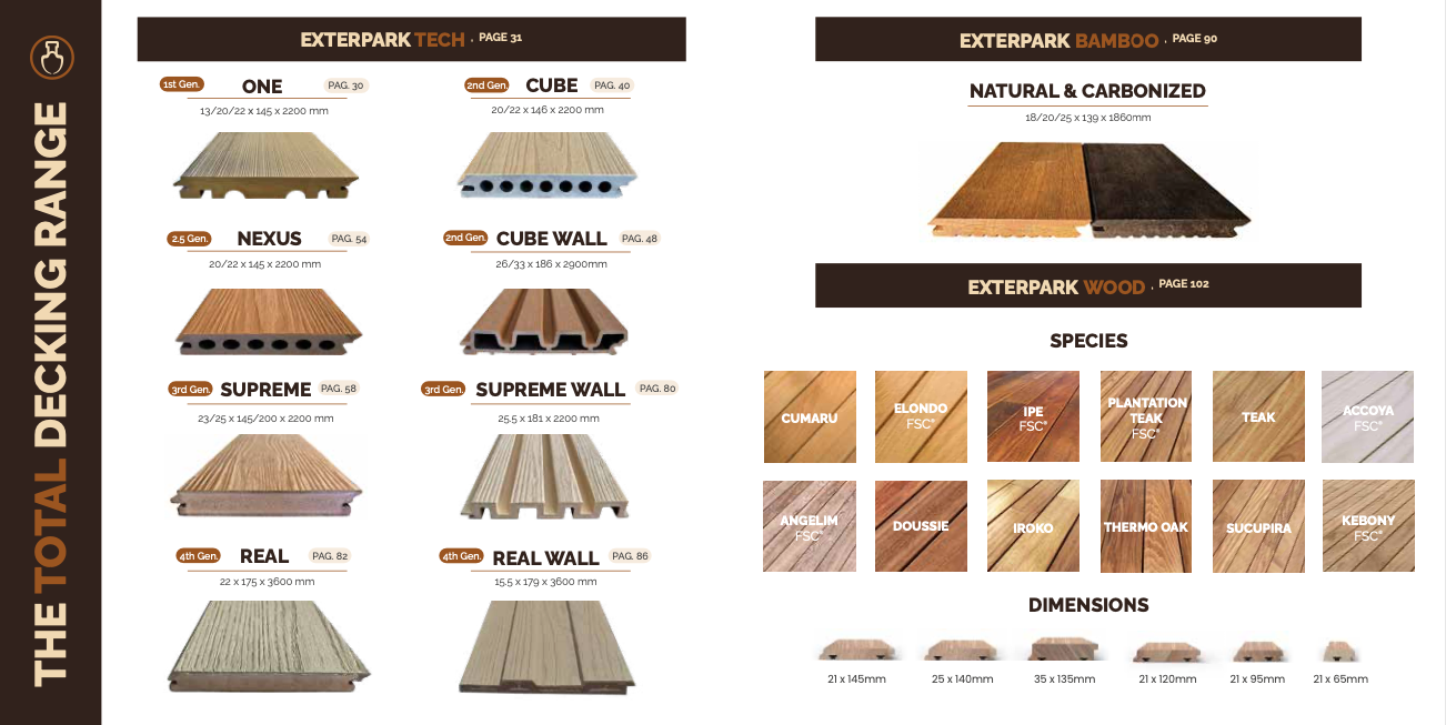 Catálogo completo de productos Exterpark - Tech, Bamboo y Wood con todas las especies y dimensiones